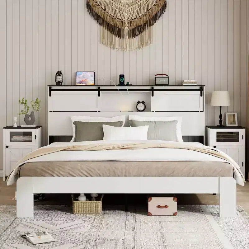 Letto a piattaforma marrone/bianco con ricarica USB, Queen/King, 1 posto