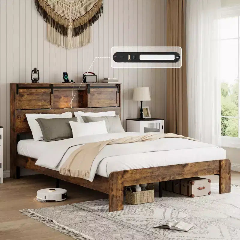 Letto a piattaforma marrone/bianco con ricarica USB, Queen/King, 1 posto