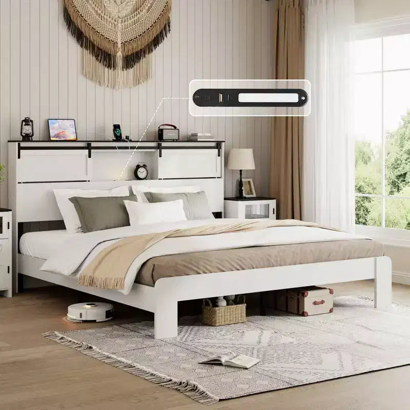 Letto a piattaforma marrone/bianco con ricarica USB, Queen/King, 1 posto