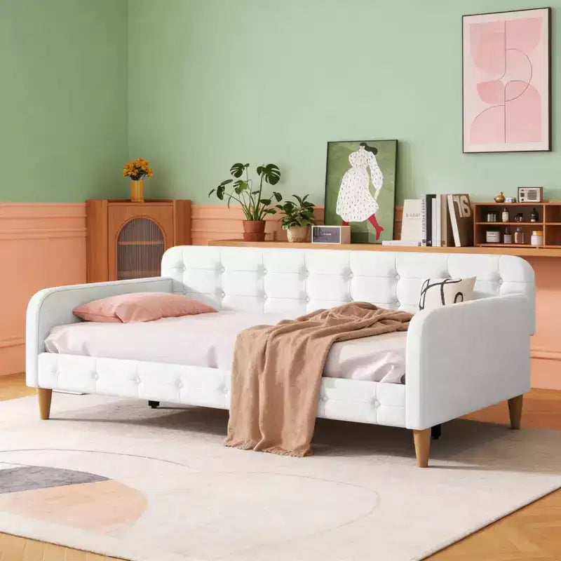 Lettino singolo in lino imbottito beige/rosa, 1 persona