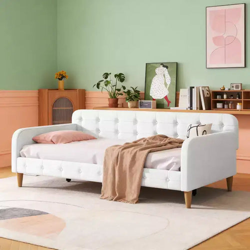 Lettino singolo in lino imbottito beige/rosa, 1 persona