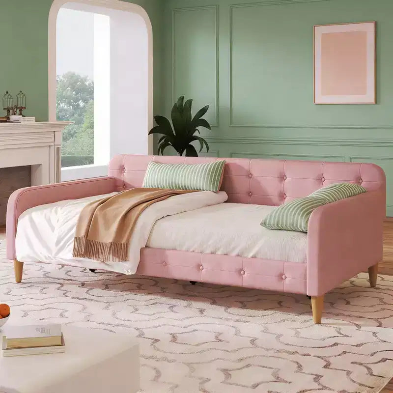 Lettino singolo in lino imbottito beige/rosa, 1 persona