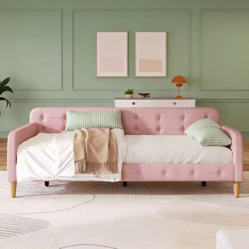 Lettino singolo in lino imbottito beige/rosa, 1 persona