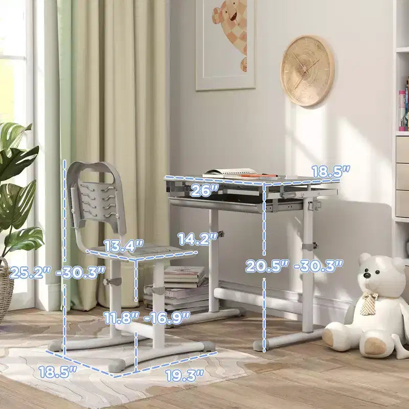Set Scrivania e Sedia per Bambini Regolabili in Altezza, Grigio, 1 Posto