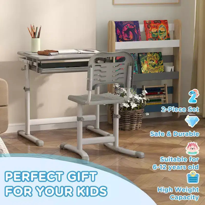 Set Scrivania e Sedia per Bambini Regolabili in Altezza, Grigio, 1 Posto
