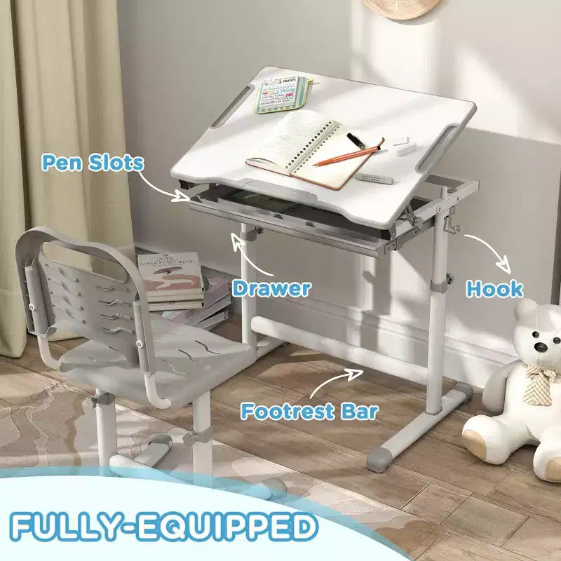 Set Scrivania e Sedia per Bambini Regolabili in Altezza, Grigio, 1 Posto