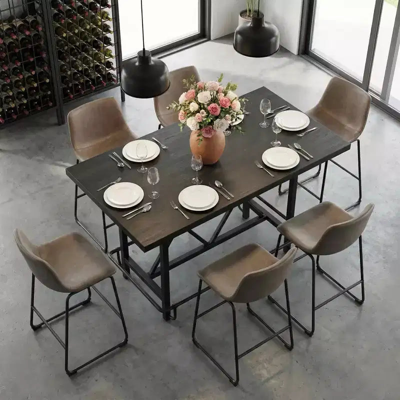 Tavolo da pranzo alto industriale grigio/marrone rustico, 6 posti, gambe in metallo con poggiapiedi