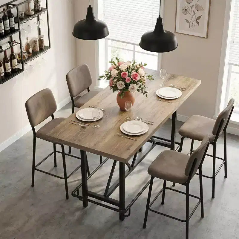 Tavolo da pranzo alto industriale grigio/marrone rustico, 6 posti, gambe in metallo con poggiapiedi