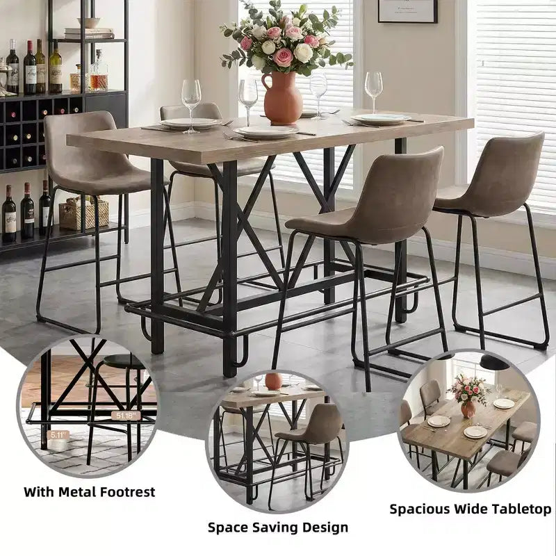 Tavolo da pranzo alto industriale grigio/marrone rustico, 6 posti, gambe in metallo con poggiapiedi