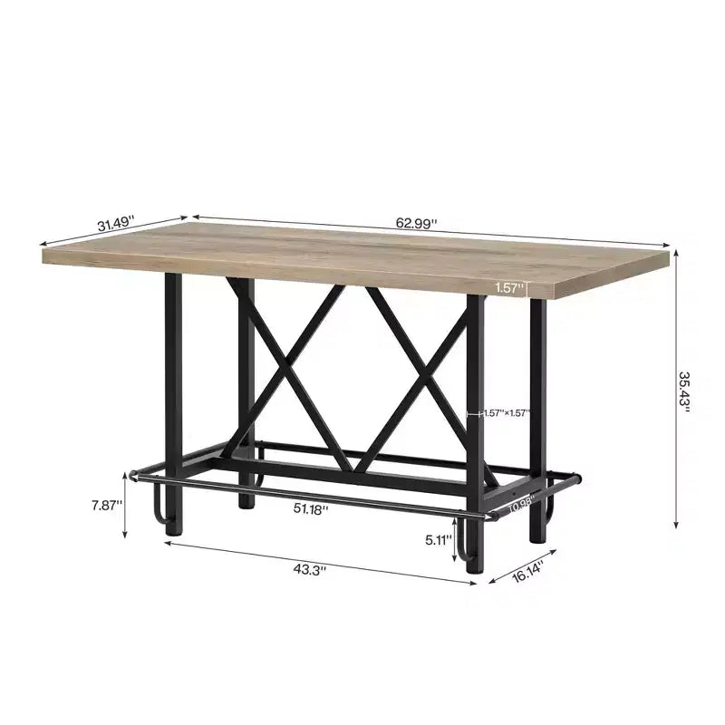 Tavolo da pranzo alto industriale grigio/marrone rustico, 6 posti, gambe in metallo con poggiapiedi