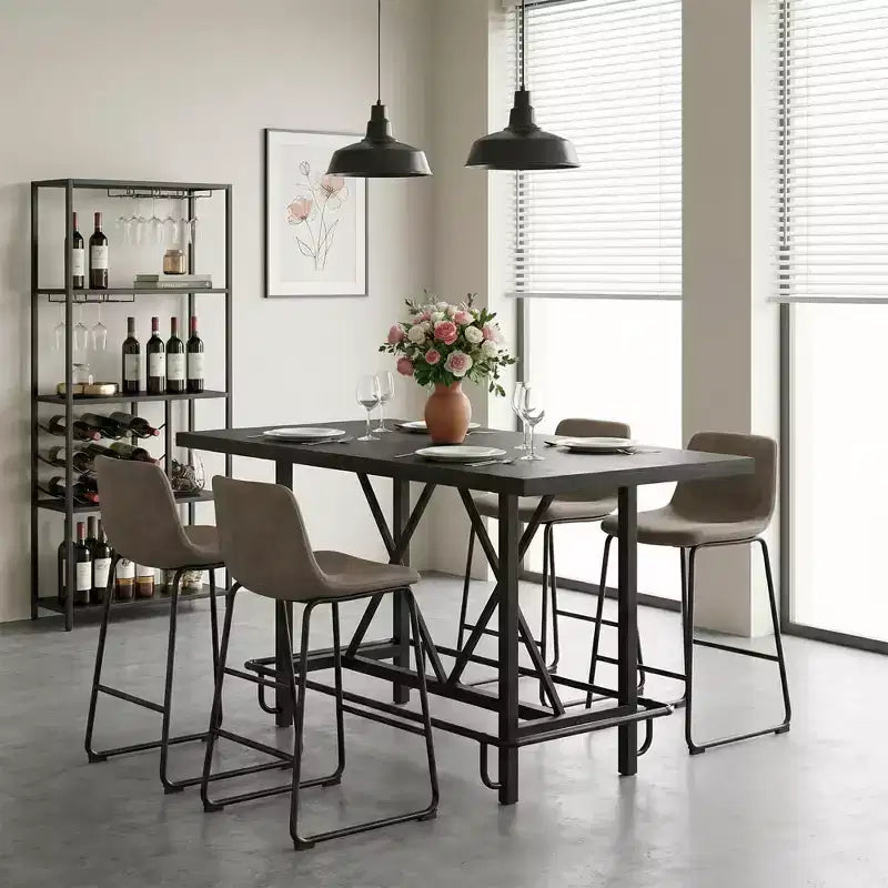 Tavolo da pranzo alto industriale grigio/marrone rustico, 6 posti, gambe in metallo con poggiapiedi