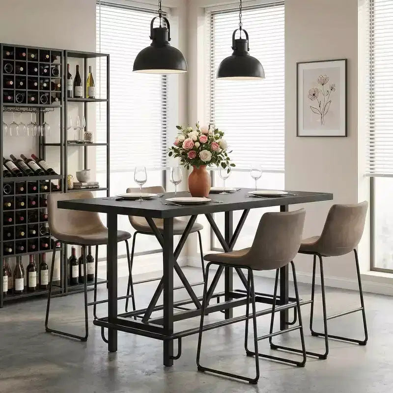 Tavolo da pranzo alto industriale grigio/marrone rustico, 6 posti, gambe in metallo con poggiapiedi