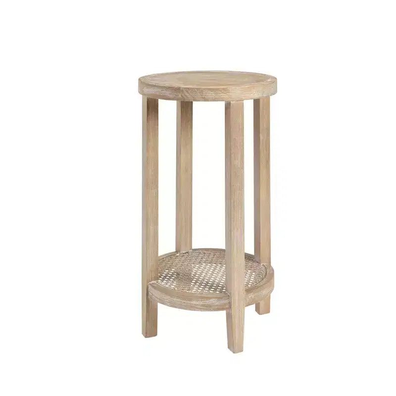 Tavolino rotondo color beige, impiallacciatura in frassino e ripiano in rattan, montaggio per 1 persona