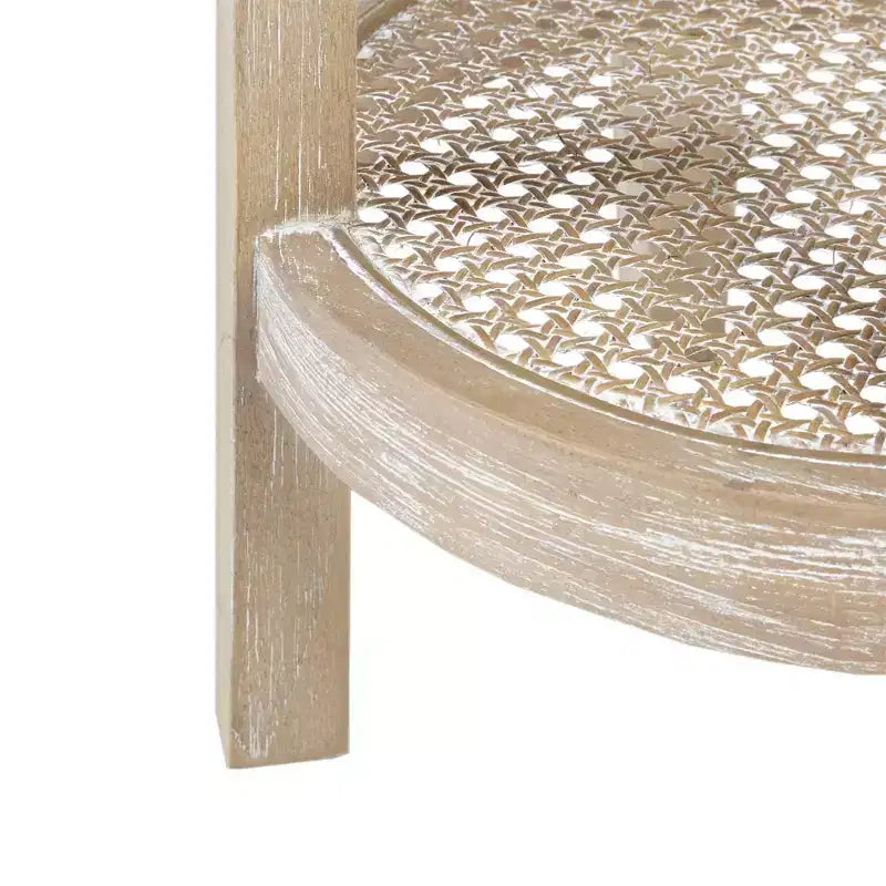 Tavolino rotondo color beige, impiallacciatura in frassino e ripiano in rattan, montaggio per 1 persona