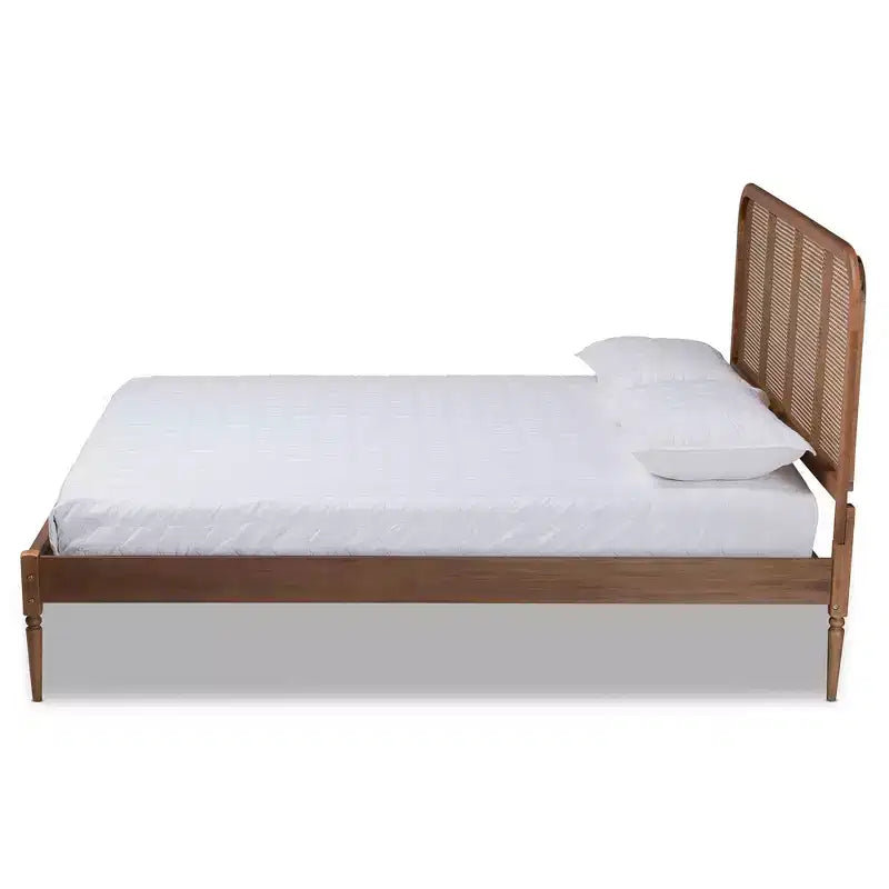 Letto King con piattaforma in Rattan Naturale Intrecciato, Marrone/Noce Cenere, Per 1-2 Adulti