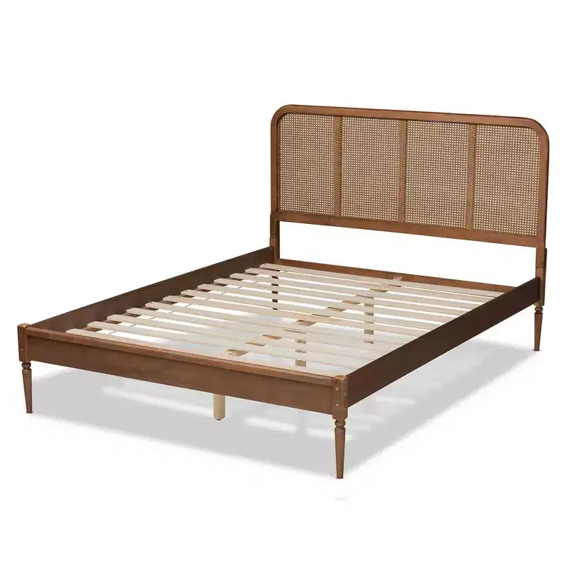Letto King con piattaforma in Rattan Naturale Intrecciato, Marrone/Noce Cenere, Per 1-2 Adulti