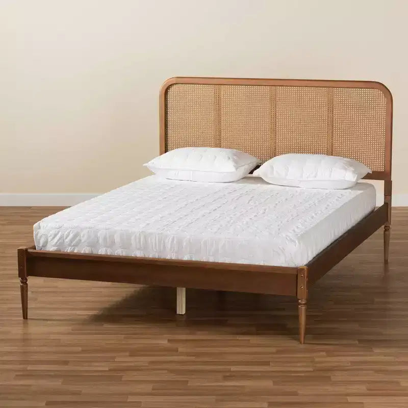 Letto King con piattaforma in Rattan Naturale Intrecciato, Marrone/Noce Cenere, Per 1-2 Adulti
