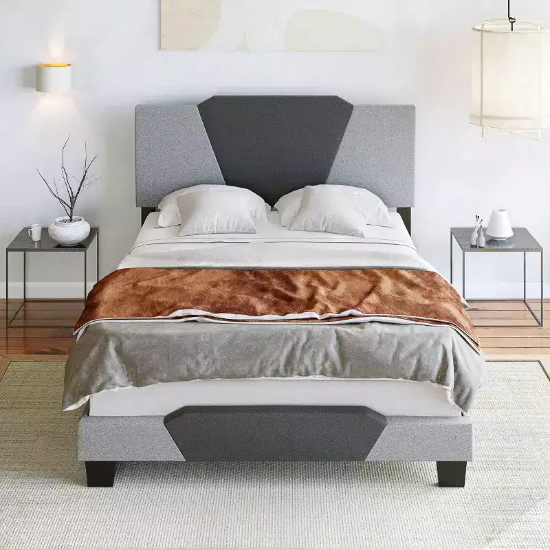 Struttura letto matrimoniale queen size in lino bicolore antracite/grigio, 2 persone