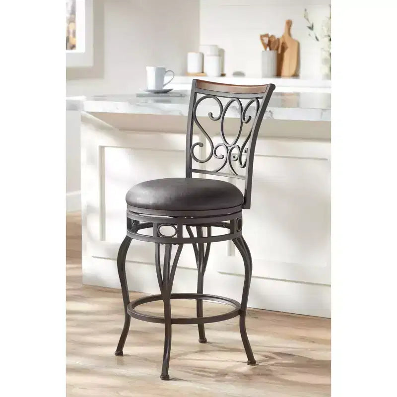 Sgabello da bancone girevole rotondo in bronzo, similpelle marrone, 1 posto