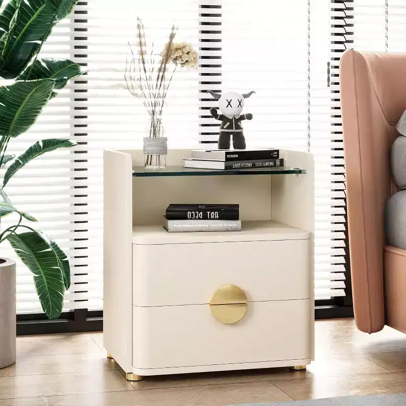 Comodino bianco a 2 cassetti con piano in vetro, per 1-2 utenti
