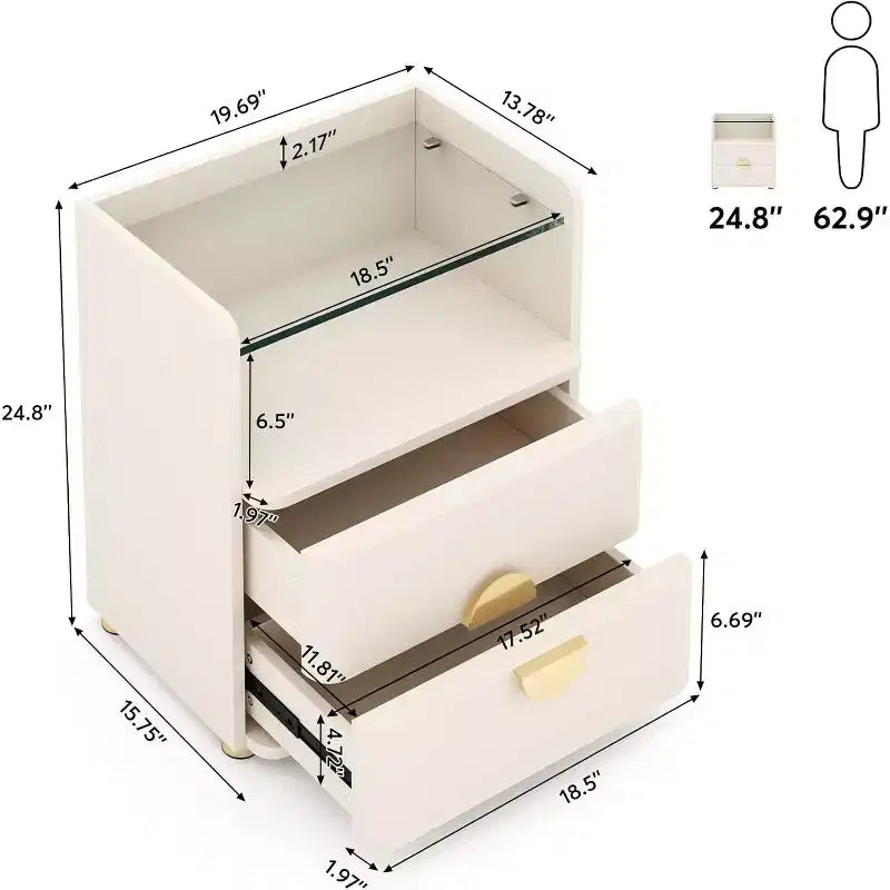 Comodino bianco a 2 cassetti con piano in vetro, per 1-2 utenti