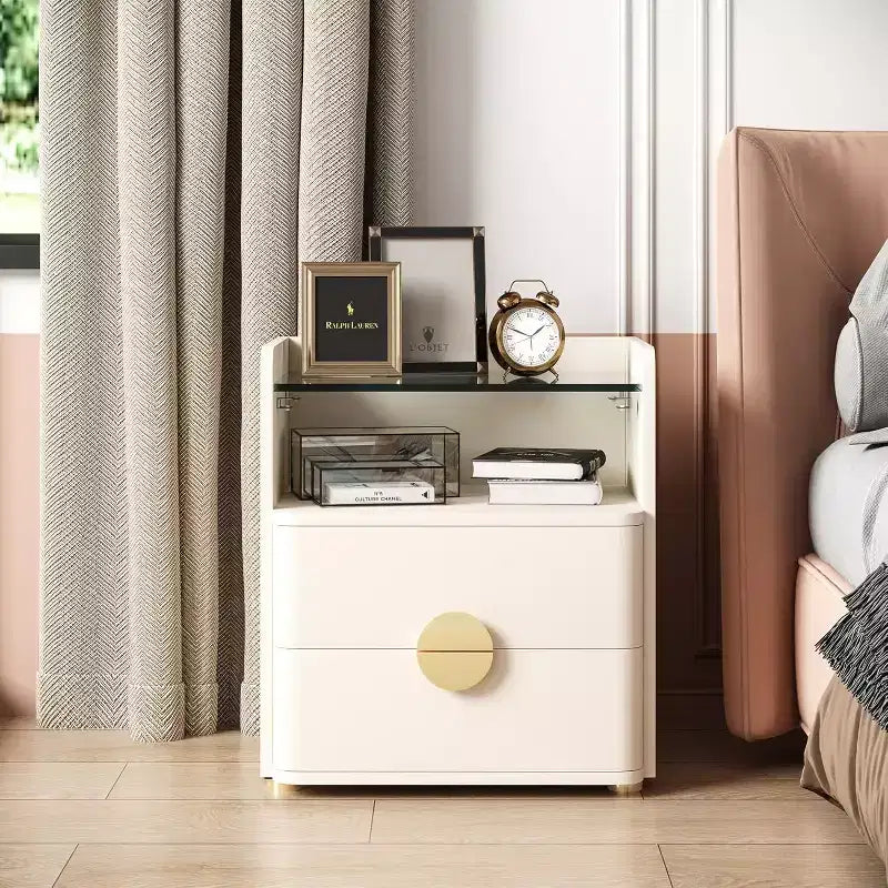 Comodino bianco a 2 cassetti con piano in vetro, per 1-2 utenti