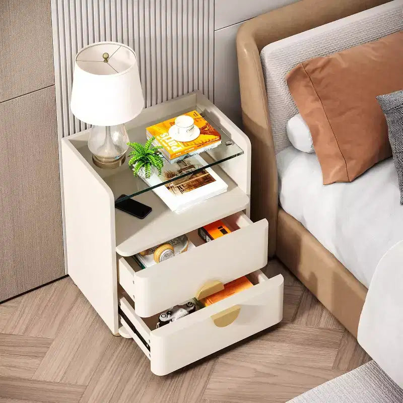 Comodino bianco a 2 cassetti con piano in vetro, per 1-2 utenti