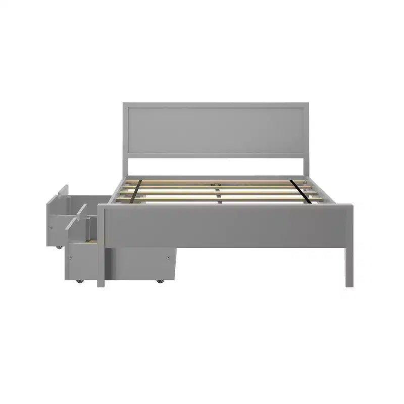 Letto a piattaforma singolo bianco in legno massello con cassetti contenitori e testiera a pannelli, per 1 bambino