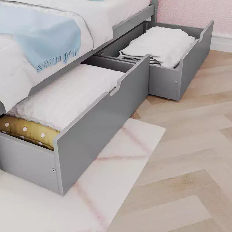 Letto a piattaforma singolo bianco in legno massello con cassetti contenitori e testiera a pannelli, per 1 bambino
