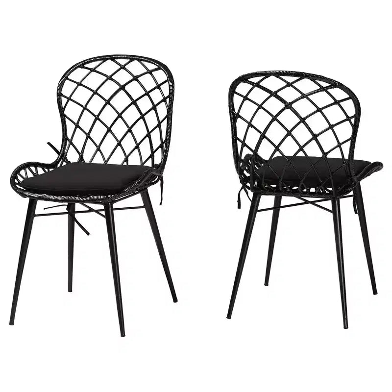 Sedia da pranzo senza braccioli in rattan e metallo bohémien nera/marrone, set da 2