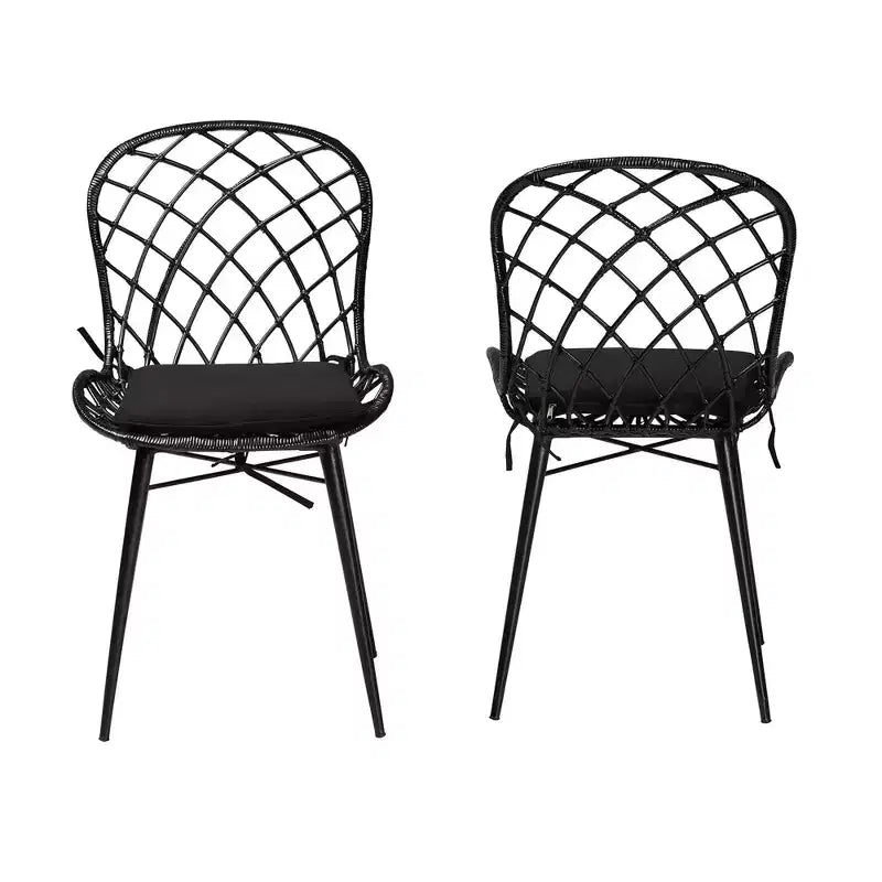 Sedia da pranzo senza braccioli in rattan e metallo bohémien nera/marrone, set da 2