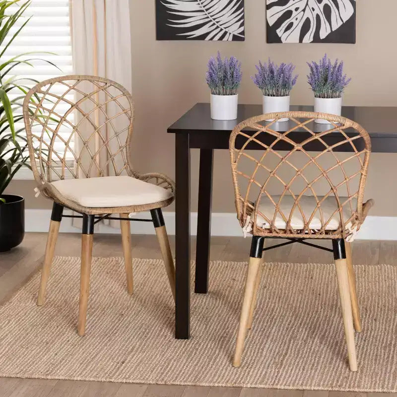 Sedia da pranzo senza braccioli in rattan e metallo bohémien nera/marrone, set da 2