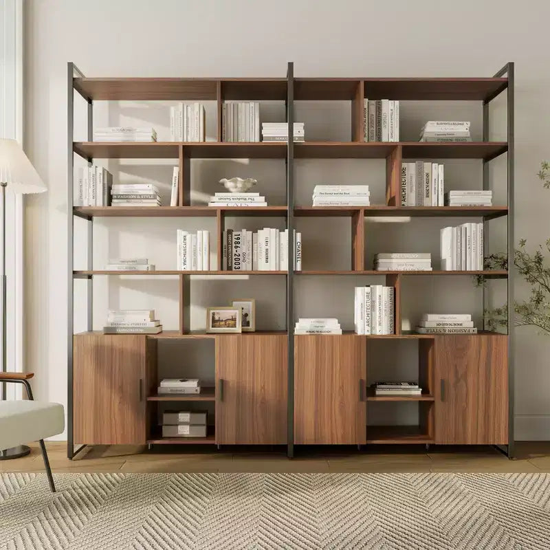 Libreria da parete a 5 ripiani in noce e ottone / noce e grigio, montaggio da 1 persona