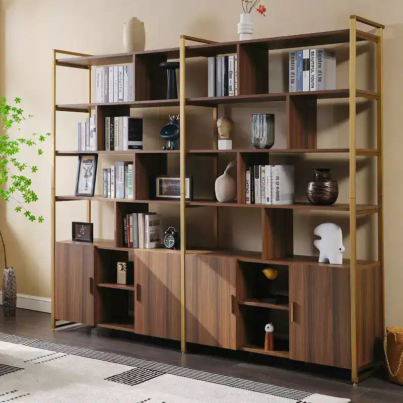 Libreria da parete a 5 ripiani in noce e ottone / noce e grigio, montaggio da 1 persona
