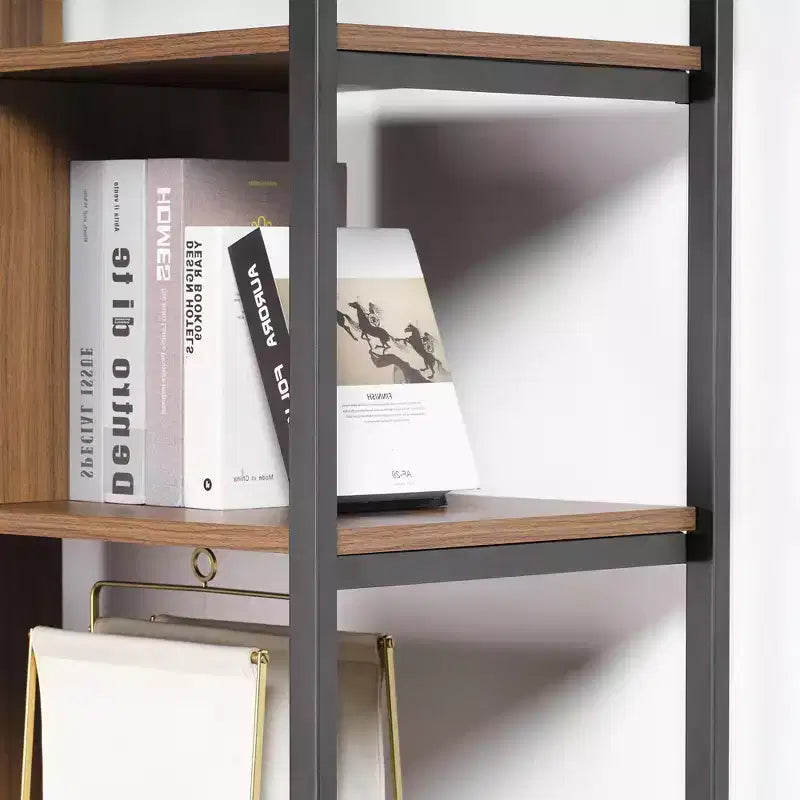 Libreria da parete a 5 ripiani in noce e ottone / noce e grigio, montaggio da 1 persona