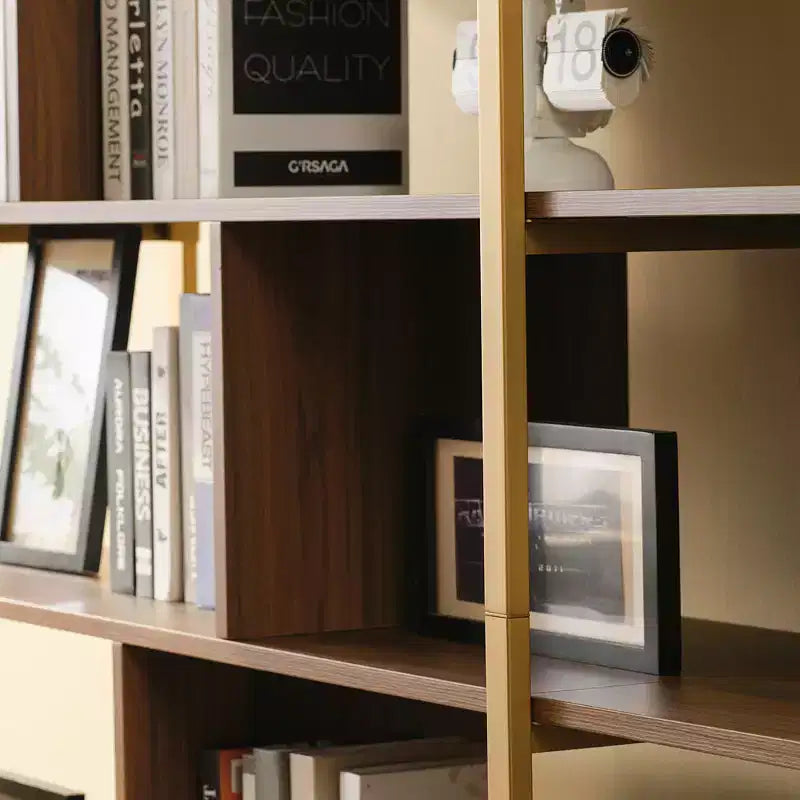 Libreria da parete a 5 ripiani in noce e ottone / noce e grigio, montaggio da 1 persona