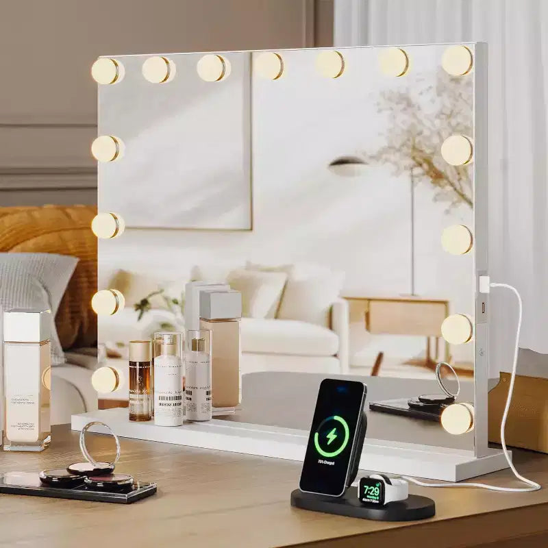 Specchio da trucco a LED bianco con luci, 15 lampadine, 3 modalità colore, Singolo