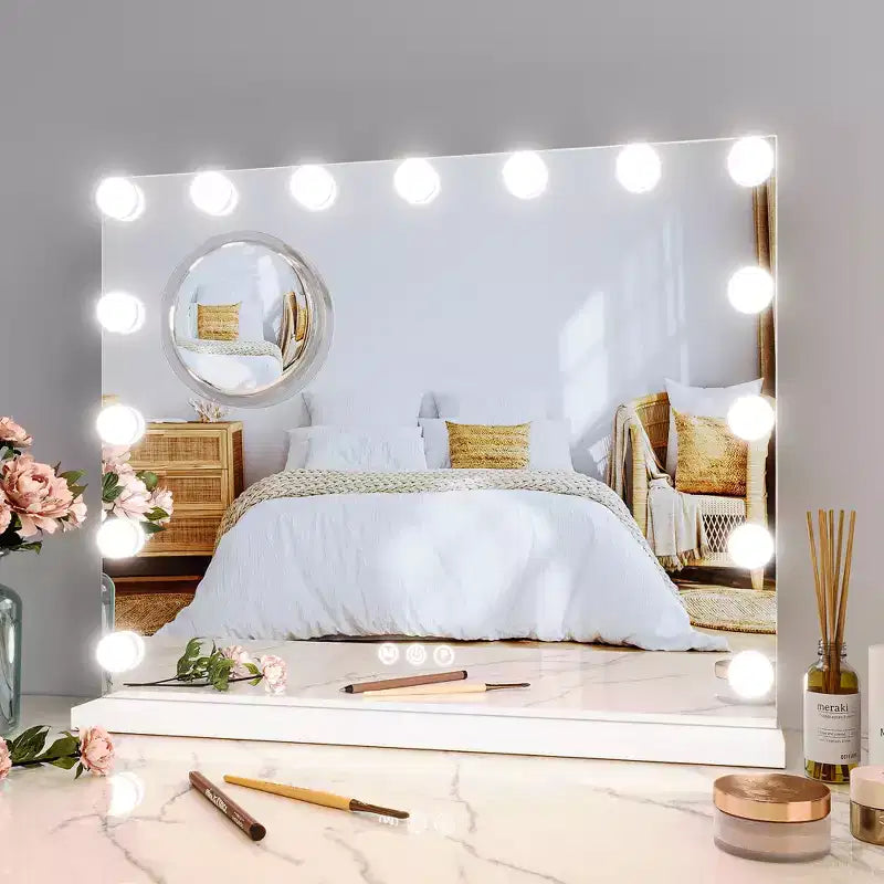 Specchio da trucco a LED bianco con luci, 15 lampadine, 3 modalità colore, Singolo