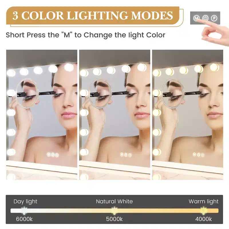 Specchio da trucco a LED bianco con luci, 15 lampadine, 3 modalità colore, Singolo