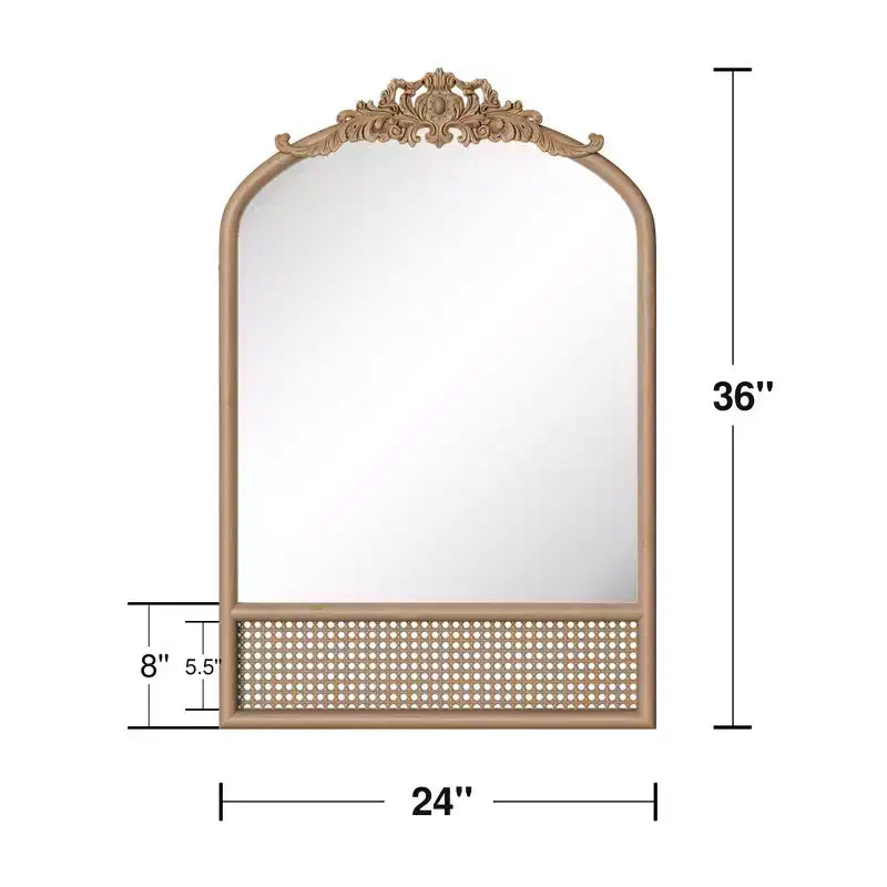 Specchio da parete ad arco in legno naturale con dettagli in rattan – Singolo
