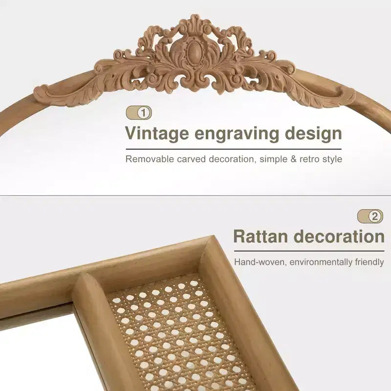 Specchio da parete ad arco in legno naturale con dettagli in rattan – Singolo
