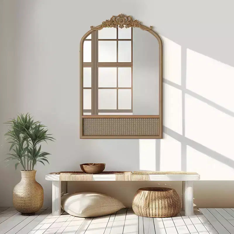 Specchio da parete ad arco in legno naturale con dettagli in rattan – Singolo